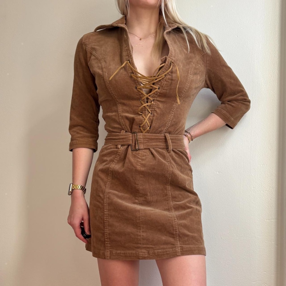 vintage western suede lace up belted mini dress